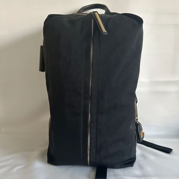 CARAA Large Backpack Black Nylon Leather Trim Gold Hardware Travel Bag 15\